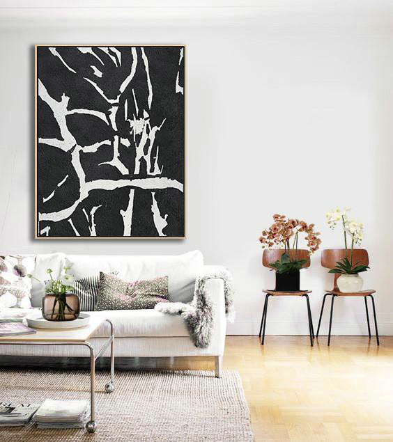 Hand-Painted Canvas Art,Black And White Minimalist Painting On Canvas - Original Abstract Painting Canvas Art